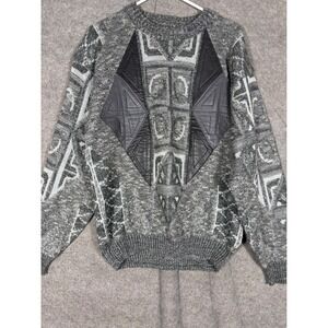 Saxony Vintage Mens Grey Geometric Knit Sweater Genuine Leather Patches Size M